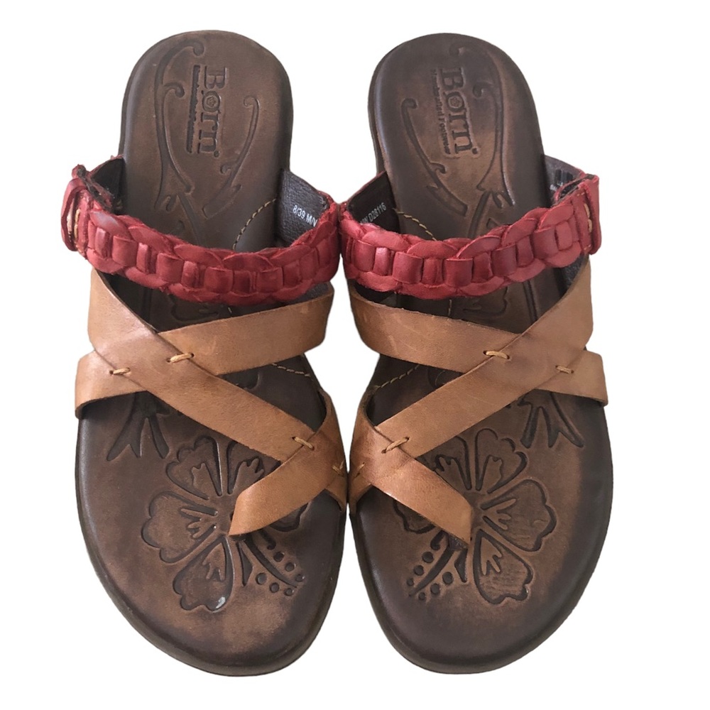 BORN Brown & Red Strappy Leather Sandals